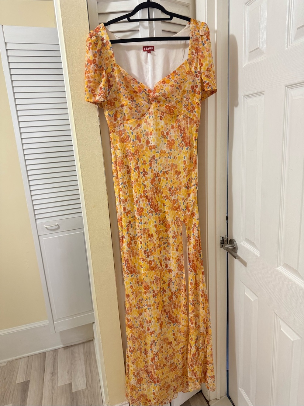 STAUD Yellow Floral Maxi Dress with Puff Sleeves